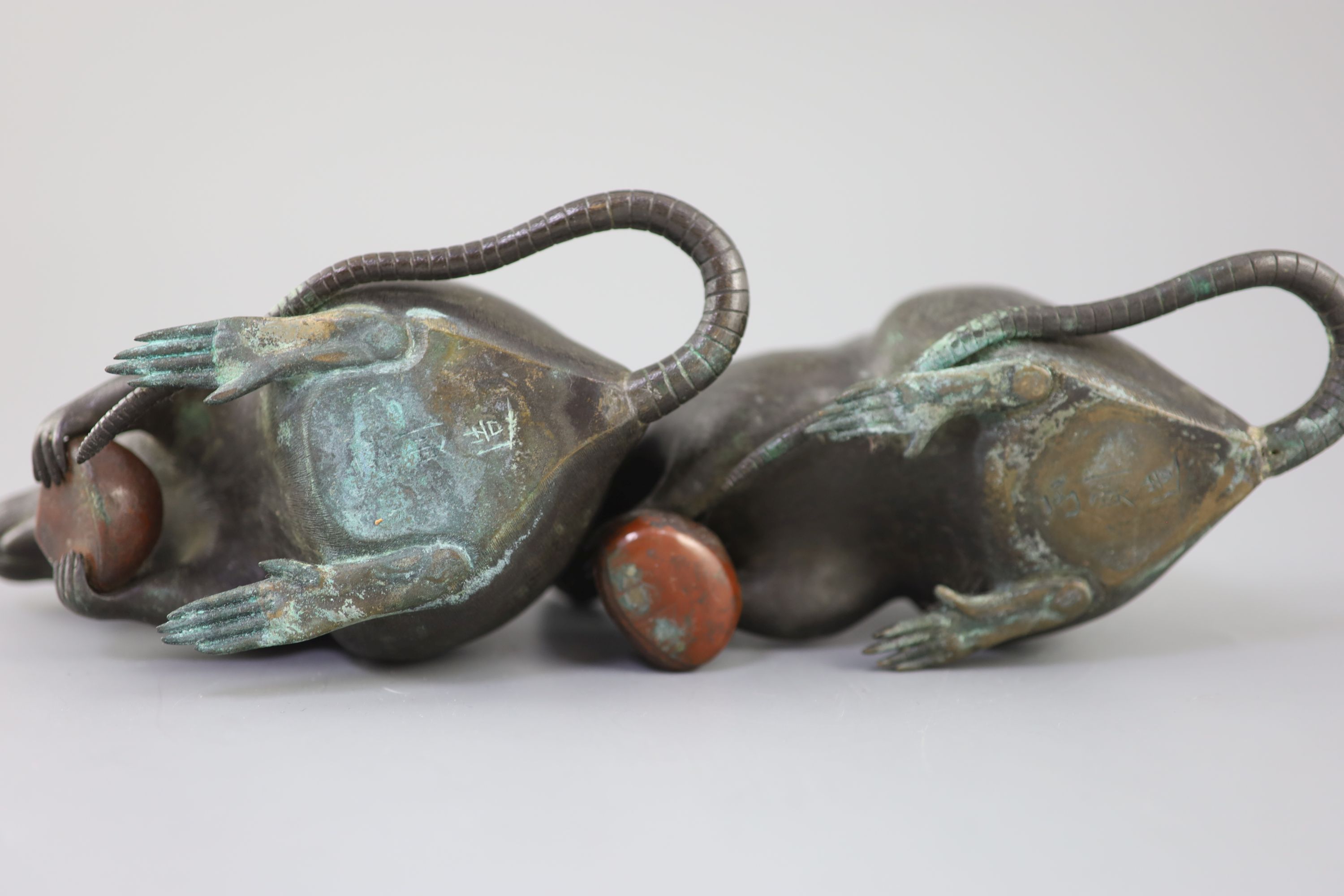 A pair of Japanese bronze models of rats, Meiji period, signed 17 and 18cm long, Provenance - A. T. Arber-Cooke